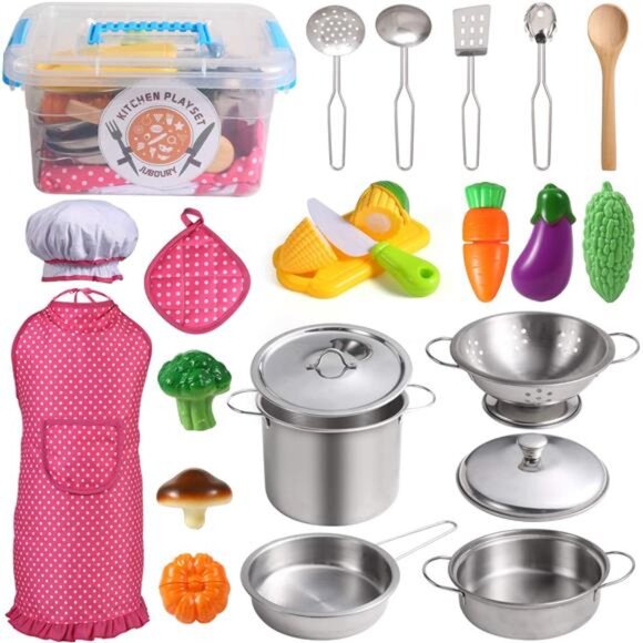 Kitchen Pretend Play Toys with Stainless Steel Cookware Pots and Pans Set - Picture 1 of 7
